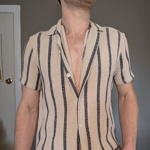 Zara Beige and Navy Striped Casual Shirt